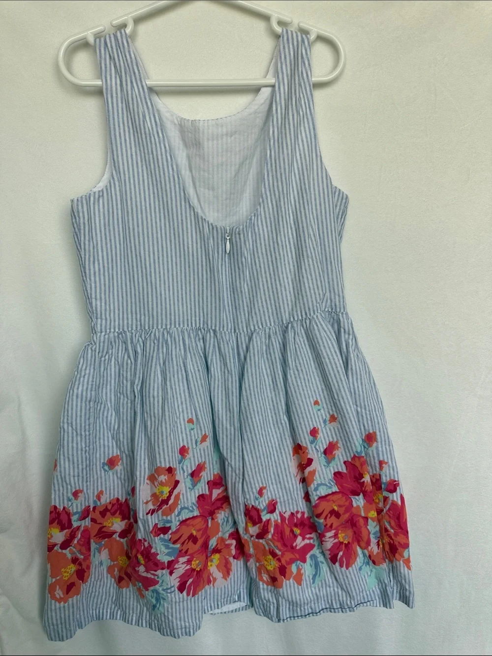 GAP Blue and White Striped Dress with Pink Floral Hem